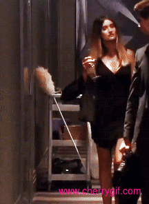 Emmerdale's Debbie Dingle very short black dress walking in hotel 2 Gif
